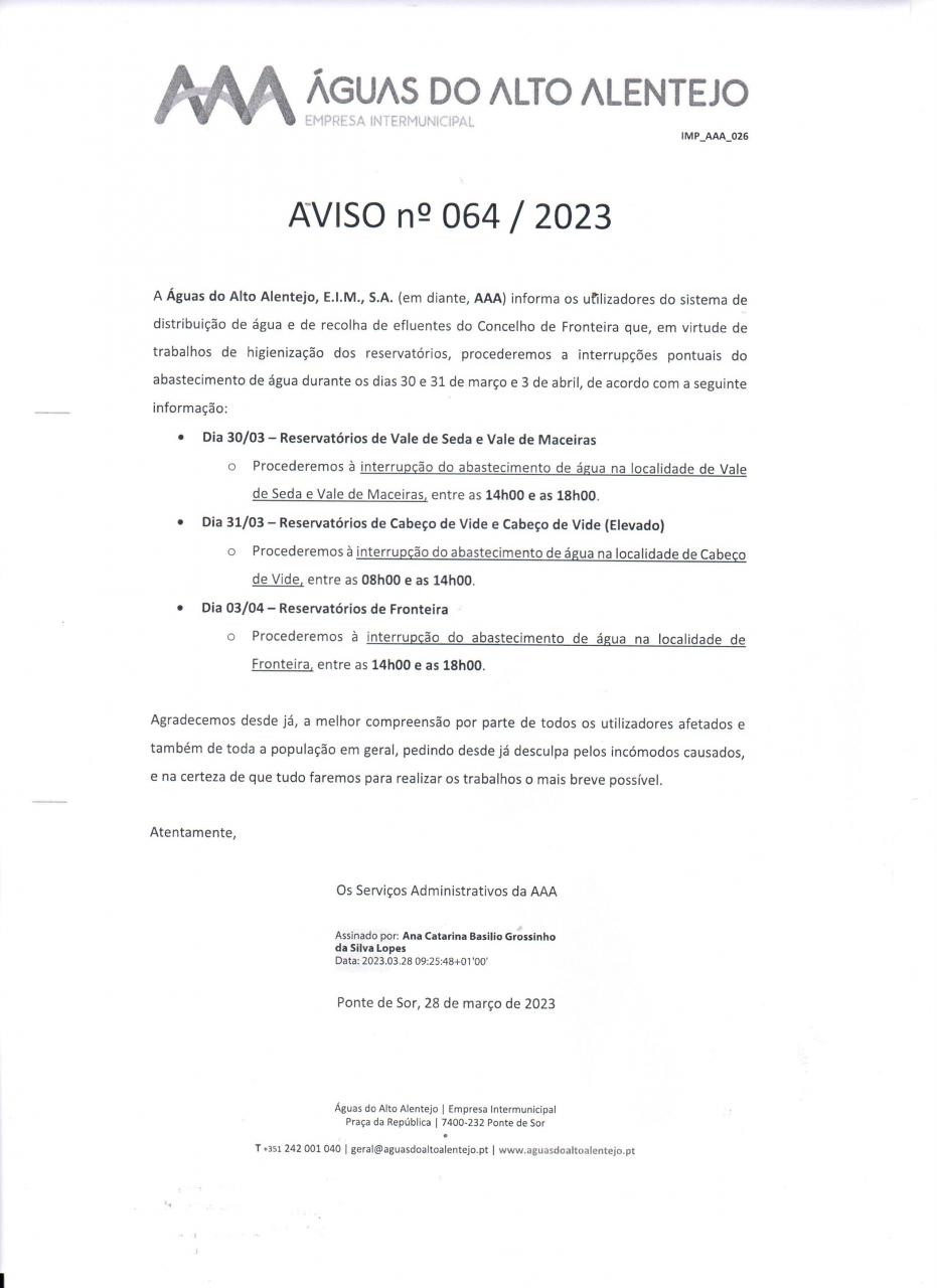 AVISO nº 064 / 2023 (Águas do Alto Alentejo, E.I.M., S.A.)